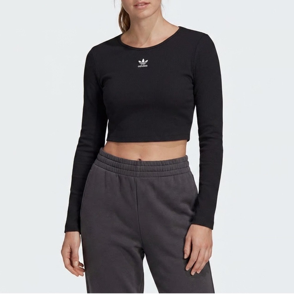 Adidas Originals Womens ESS Crop LS Black Ribbed Long Sleeve Top Size S